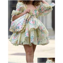 Basic Casual Dresses Boho Inspired Floral Print Ruffle Tiered Women Dress Mini Cotton Squre Neck Long Sleeve Party Retro Cute For Drop Dhlri