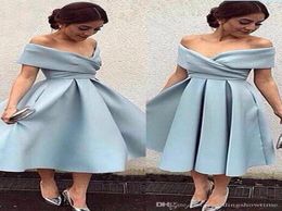 New Simple Short Prom Dresses Offtheshoulder Neck Zipper Back ALine Tealength Evening Dresses With Sleeves Pleated Formal Gown3903758