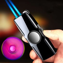 New Dual Torch Cigar Lighter, Metal Windproof Without Gas Butane Jet Lighter Creative Fingertip Spinning Men's Gift