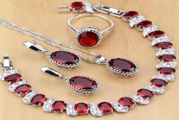 Natural 925 Sterling Silver Jewelry Red Birthstone Charm Jewelry Sets Women Earringspendantnecklaceringbracelets T055 J1907077268285