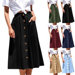Skirts Dance For Girls Women Long Button Pocket Skirt Solid Color High Waist Fashion Casual A Line Rainbow
