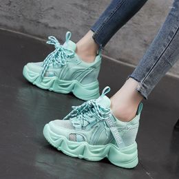 Fitness Shoes 6cm Hidden Heels Wedge Platform Sneakers Women Casual Lace Up Thick Bottom Walking Woman Non Slip Green Mujer