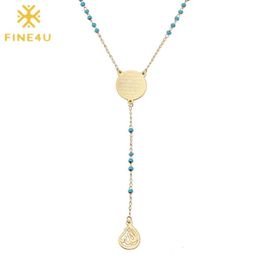 FINE4U N314 Stainless Steel Muslim Arabic Printed Pendant Necklace Blue Colour Beads Rosary Necklace Long Chain Jewelry8426903