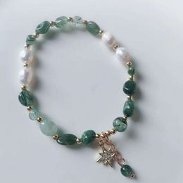 Instagram Korean Style Green Hair Shaped Crystal Single Loop Freshwater Pearl Octagonal Star Bracelet Jewelry