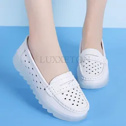 Casual Shoes Genuine Leather Hollow With Soft Soles For Women Comfortable Breathable Non Slip Work Small White