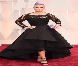 Black Long Sleeves Prom Dresses With Sheer Neck Lace Appliques High Low Satin Custom Made Kelly Osbourne Celebrity Red Carpet Dres6806326