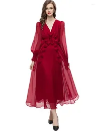 Casual Dresses Summer Fashion Designer Red Elegant Party Dress Women V Neck Long Sleeve Frenulum Appliques High Waist Slim
