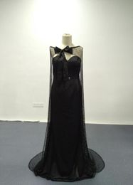 2016 Sexy Black Evening Dresses Real Images Blingbling with Bowtie Cape Sweep Train Evening Gowns5777635