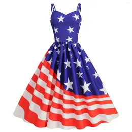 Casual Dresses Independence Day Women Strappy Dress Summer Suspender The Fourth Of July American Flag Print Vintage Swing