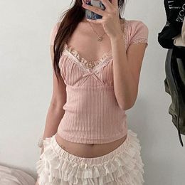 Women's T Shirts Lace Split Thread Knit Top Slimming Patchwork Texture Knitted For Women