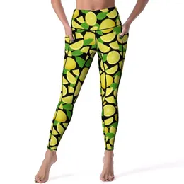 Active Pants Lemon Print Leggings Pockets Green Leaves Pattern Yoga High Waist Fitness Legging Aesthetic Stretch Sports Tights