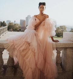 Plus Size Maternity Dresses For Pregnant Women Pink Tulle Prom Gown Ruffles Tiered A Line Evening Gowns Puff Full Sleeves Long rob5795679