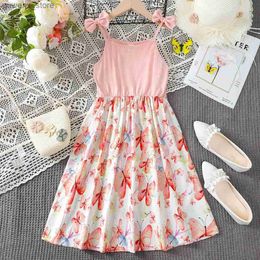 Girl's Dresses Child Girl Summer Clothing Bow Style Slip Cute Floral Dress Butterfly Print Pastoral Seaside Party Wear For Kids Girl 8-12 Years Y240415Y240417LI1U