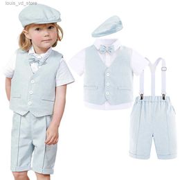 Clothing Sets Toddler Boys Wedding Suit Baptism Ring Bearer Outfit Baby Christening Birthday Party Gift Costume Short Overall Sets 4PCS T240415