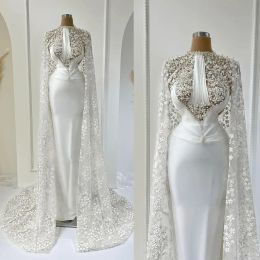 Gorgeous Mermaid Wedding Dresses with Wraps Jewel Pearls Beads Appliques Lace Bridal Gowns Custom Made Sweep Train