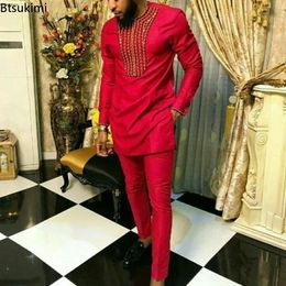 Mens African Ethnic Clothing Sets Red Long Sleeve Tops and Pants Sets Male Casual Print Two Pieces Male Pants Suits 240410