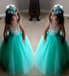 Cute Turquoise Green Flower Girls Dresses Spaghetti Birthday Gowns Straps Crystal Beaded Tulle Toddler Pageant Dresses For Girls3397364