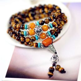 Versatile Yellow Tiger Eye Stone 108 Multi Layered Male and Female Buddha Head Beads Crystal Bracelet