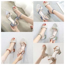 New top Luxury Thick heeled sandals for women white blue versatile in summer gentle in the middle heel Roman buckle strap high heels