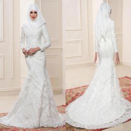 2017 White Muslim Wedding Dresses High Neckline Long Sleeves Bridal Gowns With Beaded Applique Mermaid Style Custom Made Wedding G9630506