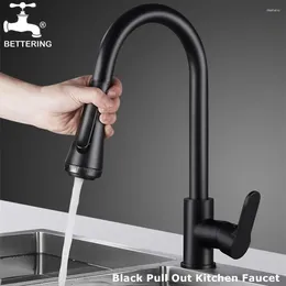 Kitchen Faucets Faucet Pull Out Black Tap Brush Water Mixer Stream Deck Stainless Steel Sink Cold