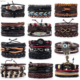 Other Bracelets Hot Sale Retro Multi-layer Leather Bracelets For Man Wooden Beads Bracelet Handmade Owl Anchor Infinty Charm Bracelet Wrap JewelL240415