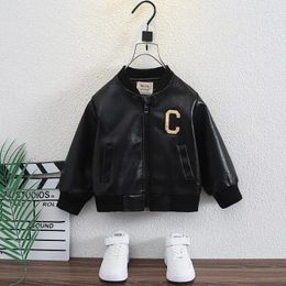 Jackets 3-11Y Children Faux Pu Leather Jacket Autumn Boys Coat Stand Collar Zipper Letter Keep Warm Kids Outerwear Clotheshes Hw52