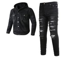 2023 Tracksuits Punk Street Men039s Black 2pcs Jeans Sets Spring Hooded Denim Jacket and Ripped Patch Stretch Pants Vintage Men4904176