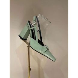 Classic 2024 Spring/summer New Lacquer Leather Metal Buckle Sexy Small Square Headed High Heels with Headband Back Hollow Thick Heel Sandals