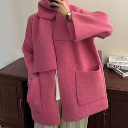 Korean Version of Autumn Winter New Loose, Lazy and Minimalist Style Round Neck Knitted Cardigan Scarf Two-piece Set with Raglan Sleeves Sweater for Women