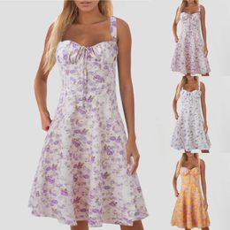 Casual Dresses Beach Boho Dress Bohemian Women Sleeveless Floral Summer Bandage Suspender Slip Low Cut Baggy Short Vestidos