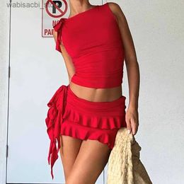 Sexy Skirt hirigin Vintage Lettuce Edge Tie Up Crop Top + Ruched Tiered Ruffles Mini Skirt Coquette 2 Piece Set Women Club Party Streetwear L49
