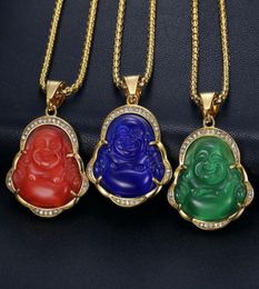 Diamond Studded Opal Jade Laughing Buddha Pendant Necklaces with Stainless Steel Gold Plated Chain Inlaid Gemstone Jewelry Wholesa5786133