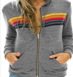 Women039s Hoodies Sweatshirts Women Fashion Hoodie Oversized Rainbow Stripe Long Sleeve Sweatshirt Zipper Pocket Coat Jacket 5685335