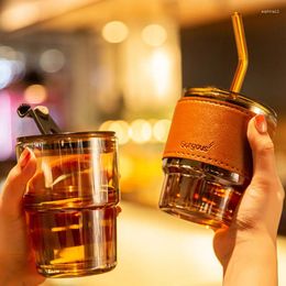Mugs GIANXI Glass Coffee Cup With Lid Straw Leather Sheath Heat-Resistant Tea Cups Transparent Milk Beer Cola Juice Drinkware