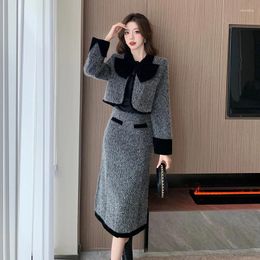 Work Dresses Fashion Korea Elegant High Quality Woolen Tweed Suit Short Jacket Waist Slim Womens Skirt Two Piece Sets Winter
