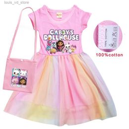 Girl's Dresses Gabbys Dollhouse Girl Cat Tastic Cosplay Costumes Girls Dresses Bag Kawaii Kids Princess Dress Birthday party Costume with bag T240415