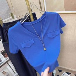 Women's T Shirts Pure Spice Girl V-neck Thread Shoulder T-shirt Women Short Sleeve Pocket Top 2024 Summer Slim-fit Mom