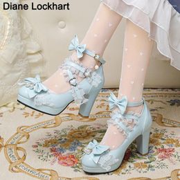 Dress Shoes Summer 2024 Ladies Heels Platform Cute Bow Lace Princess Mary Jane Lolita Party High Heel Buckle Women Pumps Girls Sweet 8