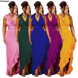 Casual Dresses Women's Elegant Evening Cocktail Party Maxi Dress Sexy Sleeveless Cowl Neck Backless Ruffle High Split Halter Bodycon Long