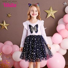 Girl's Dresses VIKITA Girls Butterfly Sequined Appliqued Dress Kids Long Sleeve Spring Autumn Star Print Princess Dresses Children Clothing T240415