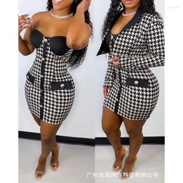 Work Dresses Wepbel Casual Black Houndstooth Tube Top Bodycon Dress Fashion Sets Women Summer Sexy Jackets Outwear Suits Jacket Coats