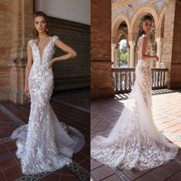 2024 Mermaid Wedding Dresses 3D-Floral Appliques Capped Sleeves Lace Beads Bridal Gowns Custom Made Sweep Train Beach