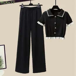 Women's Two Piece Pants Women Summer Thin Knit Short Sleeve Tops Wide Leg 1 Or Set Korean Lady Sweet Patchwork T Shirt Trousers Outfits