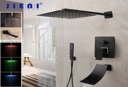 JIENI 816 Inch Matte Black Rainfall Shower Faucet Tub Led Bathtub Rain Square Shower Head Waterfall Spray Shower Faucet Set 10111549856