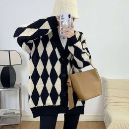 Autumn Winter New Knitted Cardigan Mid Length Loose and Lazy Style Colored Checkered Casual Top Sweater Women's Coat