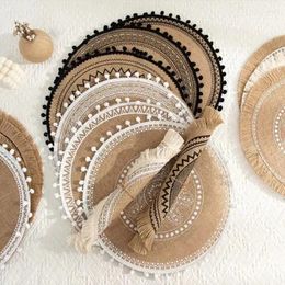 Table Mats 2pcs Round Placemat 15 Inch Farmhouse Woven Jute Fringe With Tassel Place Mat For Dining Room INS Decors