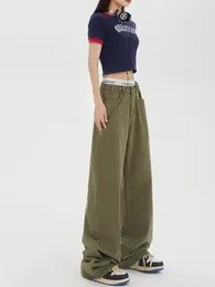 Women's Jeans American Vintage Style High Waist Green Pants Spring Fashion Baggy Y2K Wide Leg Denim Trouser Female Clothes