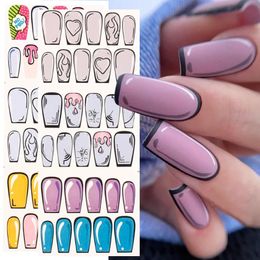 4pcs Comic Nails Design Pop Art Inspiration Slider for Nail Decoration Fire Heart Simple Sticker Water Cartoon Manicure Set