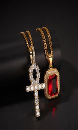 Egyptian Ankh Necklace&Pendant Red Gem Iced Rhinestone Gold Colour Charm Men/Women Key of Life Egypt Jewellery Gift Drop Shipping6216849